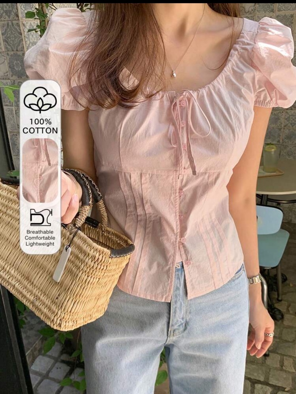 Women’s Puff Sleeve Square Neck Pink Cotton Top
